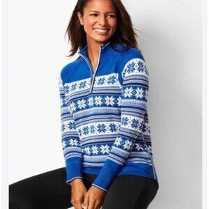 Talbots Blue Snowflake Nordic Print Half Zip Long Sleeve Sweater Wool Blend MP